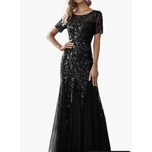 Embroidered Short Sleeve Mother Bride Gown Black Mermaid Overlay Elegant Evening